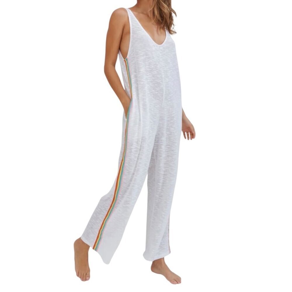 Pitusa Slub Knit Jumpsuit White Sleeveless V-Neck Rainbow Stripe One Size Petite